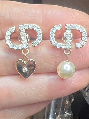 Gold-Tone Crystal Link Drop Earrings with Heart and Pearl Charms